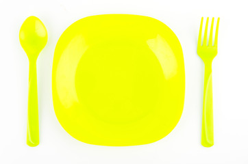 color spoon fork dish plastic isolated white background