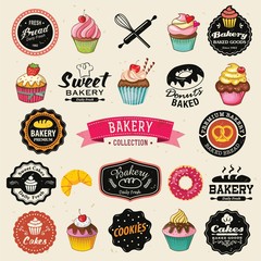 Collection of vintage retro bakery badges and labels.