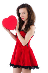 Young girl in red dress with  heart casket isolated on white