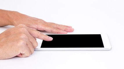 Man hand touching black screen tablet on white background