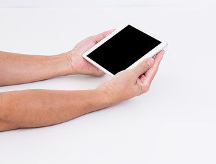 Man hands holding blank screen tablet on white background