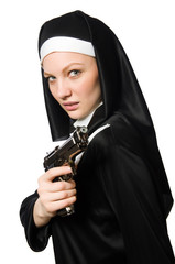 Nun with handgun isolated on white