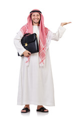 Fototapeta premium Arab businessman with briefcase holding hands isolated on whi