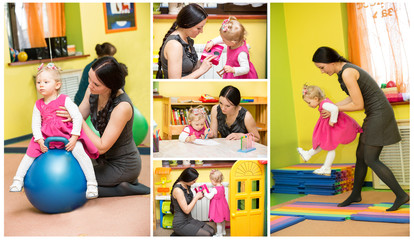 Mother and child girl playing in kindergarten in Montessori