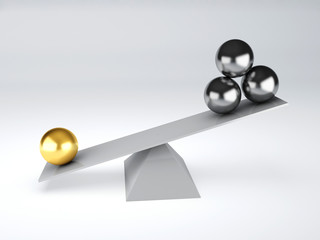 gold and metal spheres in white seesaw. Balance concept