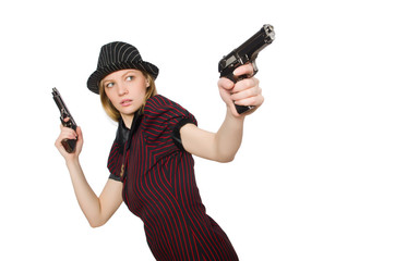 Young woman gangster with gun on white