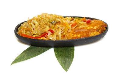 Udon noodles with meat isolated on white background