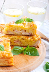 Ham and cheese pie, selective focus