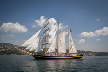 Fototapeta na wymiar Stary statek z białymi sprzedaży, żeglarstwa w morzu
