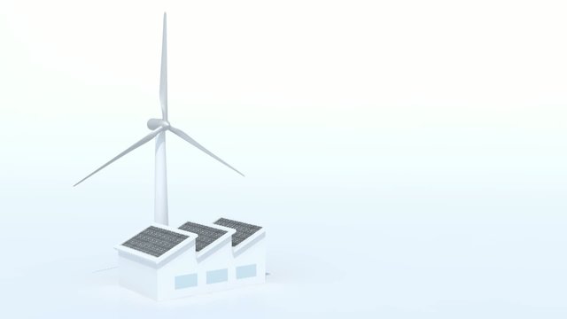 factory with solar panels and wind turbine instead of the chimne