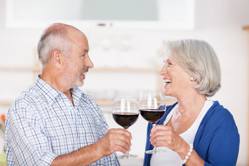 älteres paar stößt mit einem glas wein an
