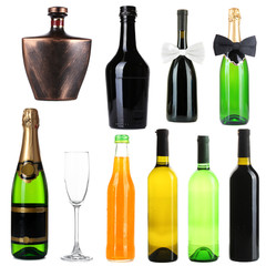 Collage of different alcohol bottles isolated on white