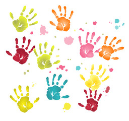 Vector format of colorful flat hands imprints and paint blots