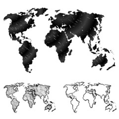 Hand drawn world map in three versions. Sketch of global map