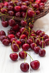 Cherries spilling out from the wicker basket