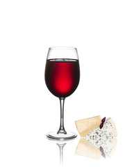 Glass of wine and cheese isolated on a white background