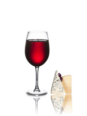 Glass of wine and cheese isolated on a white background