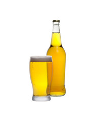 Glass and bottle of cider isolated on a white background