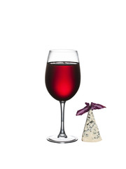 Glass of wine and cheese isolated on a white background