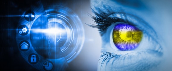 Composite image of green and yellow eye on blue face