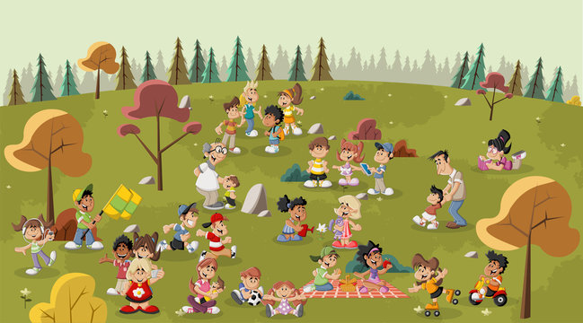Group of cute happy cartoon people in the park