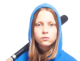 Angry teen girl in hood with baseball-bat