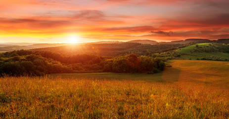 Naklejka na ściany i meble Beautiful sunset on the field - in shades of orange