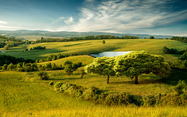 Fototapeta na wymiar Beautiful hilly landscape with lake and blue cloudy sky