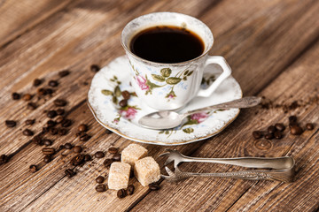 Vintage coffee cup on a wooden table