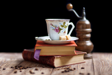 Vintage coffee cup on a wooden table