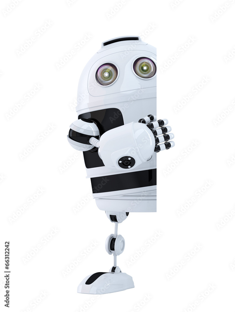 Poster robot standing behind blank banner. isolated. clipping path