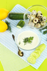 Cucumber yogurt in glass bowl,