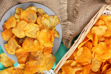 Homemade potato chips, close up
