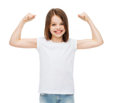 Little Girl In Blank White T-shirt Showing Muscles