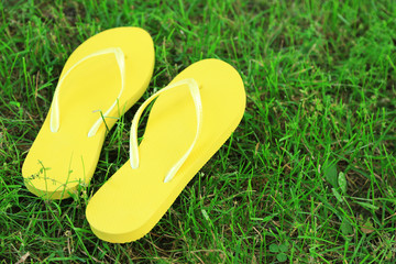 Fototapeta premium Bright flip-flops on green grass