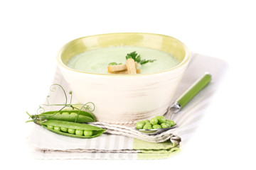 Tasty peas soup, isolated on white