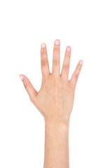 Woman right hand showing the five fingers isolated.