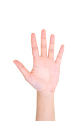 Woman left hand showing the five fingers isolated.