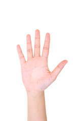 Woman right hand showing the five fingers isolated.