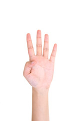 Woman left hand showing the four fingers isolated.