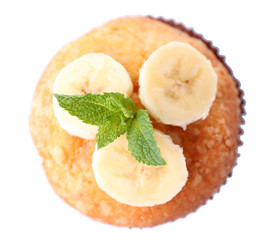 Tasty banana muffin isolated on white