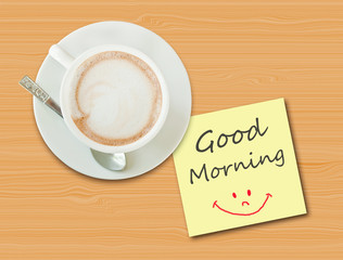 Coffee cup on wood table with paper note