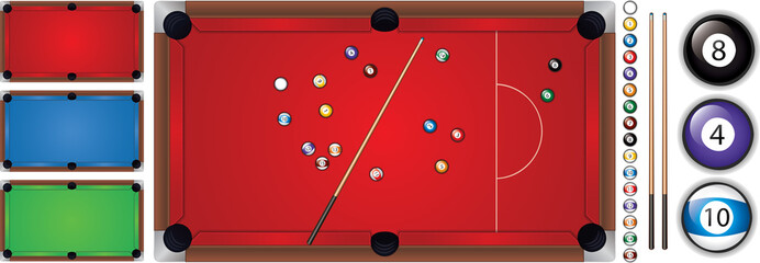 Vector illustration of snooker table with a cue and balls