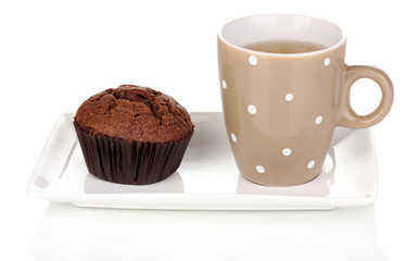 Fresh muffin with tea isolated on white