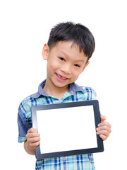 Student boy showing computer tablet on white
