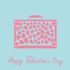 Big suitcase with hearts. Happy Valentines Day card. Pink  flat 