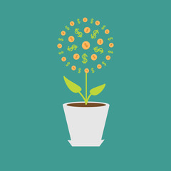 Money tree with coins and dollar sign in the pot. Flat design.