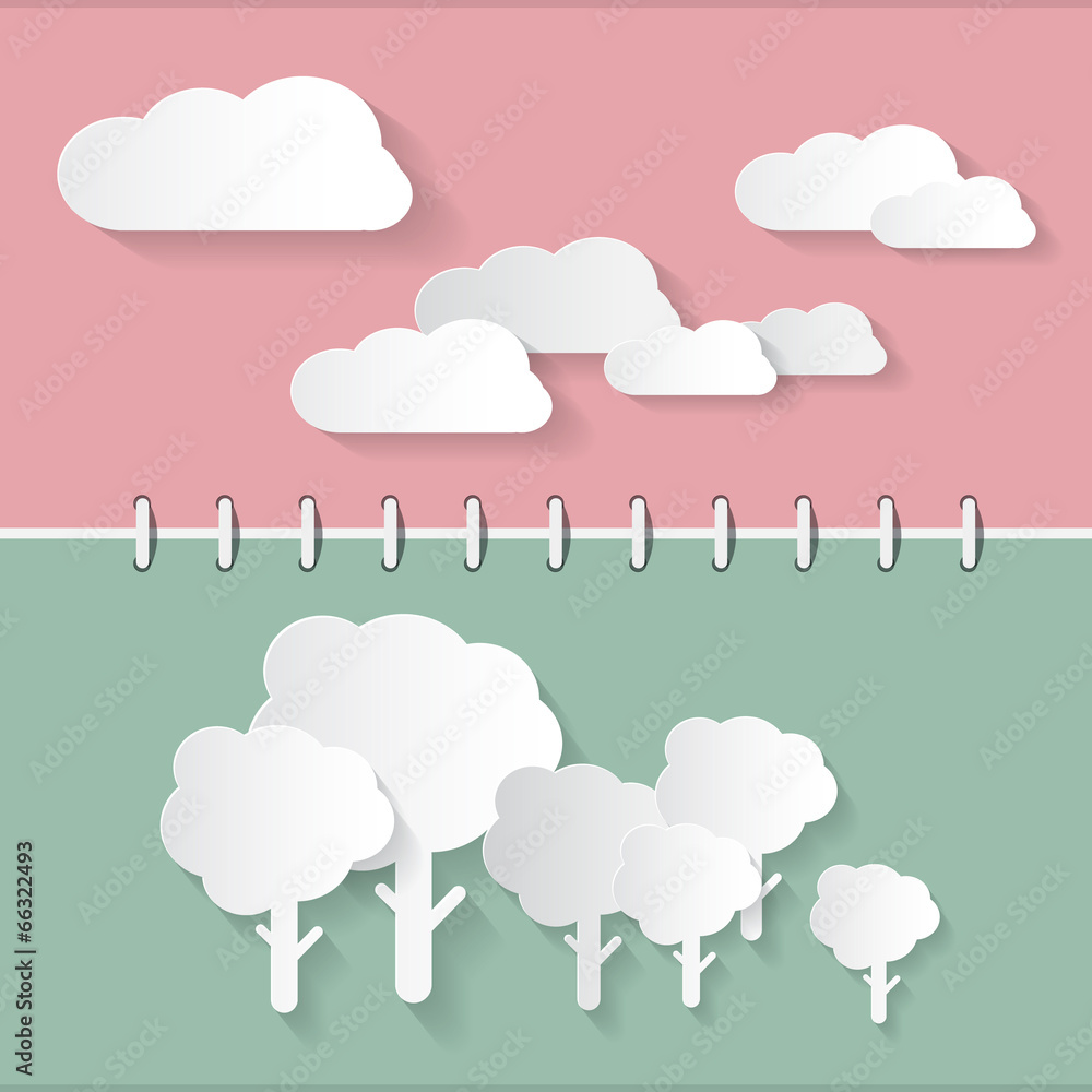Poster retro paper clouds and trees on notebook background