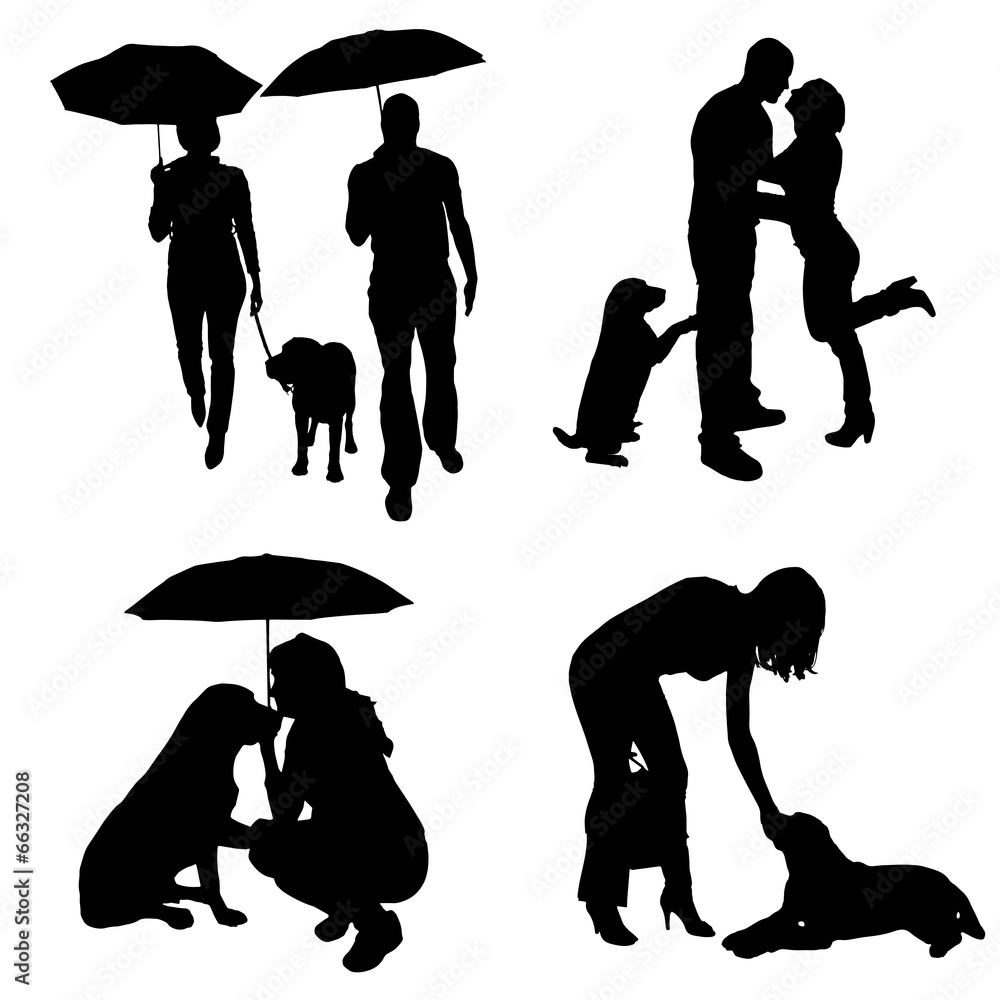 Wall mural Vector silhouette of people with dog.