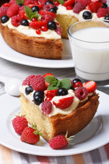 piece of berry cake with raspberries, strawberries and milk
